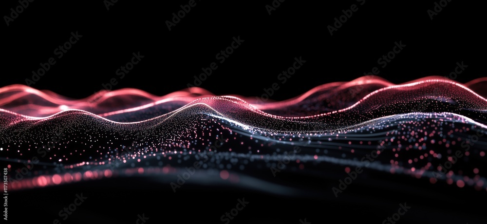 Poster abstract digital waves with glowing particles, showcasing vibrant red and white colors against a bla