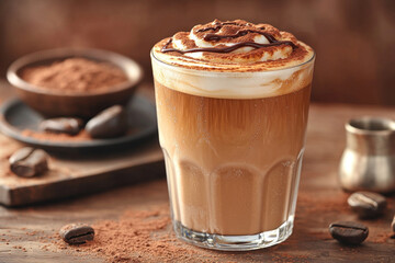 Iced coffee with whipped cream, chocolate drizzle, cocoa powder on rustic wood table