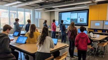 Students collaborating on project in modern classroom with large screen.