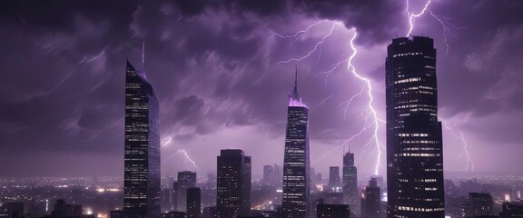 Lightning bolt in purple light strikes a skyscraper during a severe thunderstorm, cityscape, purple light, skyscraper, dramatic lighting
