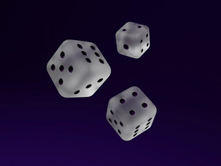 3D translucent dice floating on dark background, gambling, game icon.