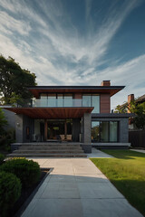 Obraz premium Contemporary two-story home with grey stone and brick exterior, featuring a wooden covered patio, glass balcony, and landscaped lawn. The house is set back from a paved walkway.