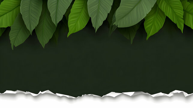 Lush green leaves frame a torn dark green background; ideal for eco-friendly or nature-themed designs. - Powered by Adobe