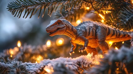 A toy dinosaur decorated with christmas lights under a frosty pine tree