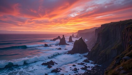Dramatic Coastal Cliffside at Sunset with Vibrant Sky and Waves Crashing Against the Rocks
