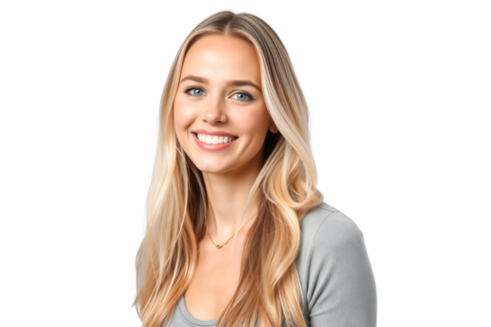 Portrait of a smiling beautiful blonde woman isolated on transparent background