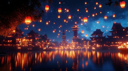 Naklejka premium Night scene of Asian town with floating lanterns reflecting on water.