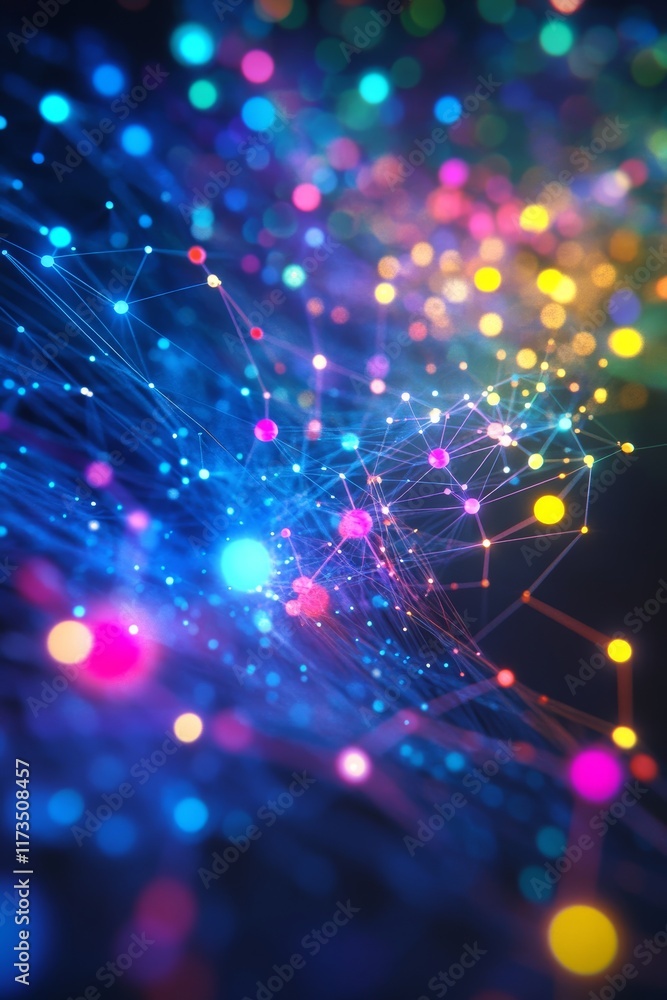 Poster a colorful image of a network of dots. the dots are in various colors and sizes