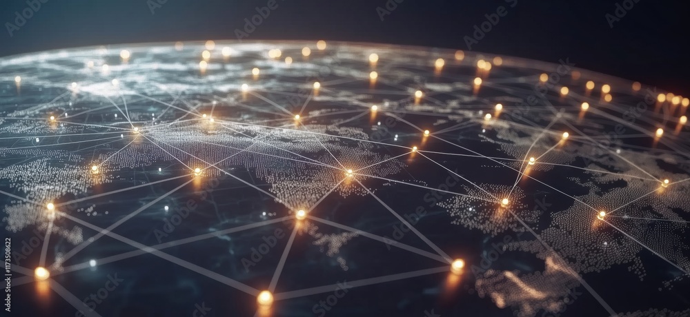Poster global network connectivity visualization with illuminated nodes and geographical map representation