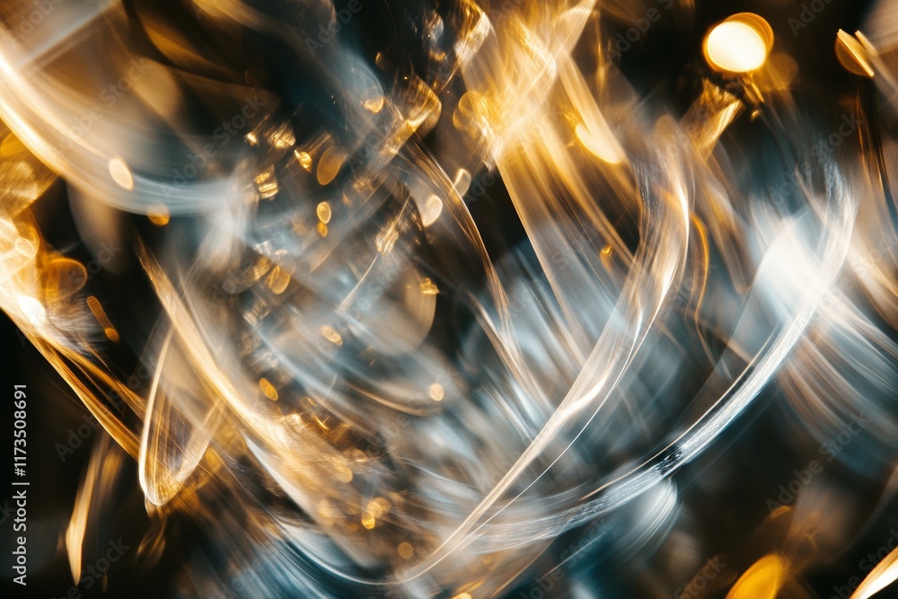 Poster this image showcases an abstract composition of swirling light reflections in vibrant yellow and blu