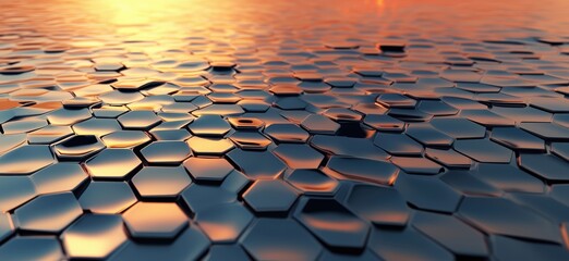Obraz premium Hexagonal patterns on reflective water surface at sunset, showcasing intricate geometric shapes and vibrant colors, copy space for text