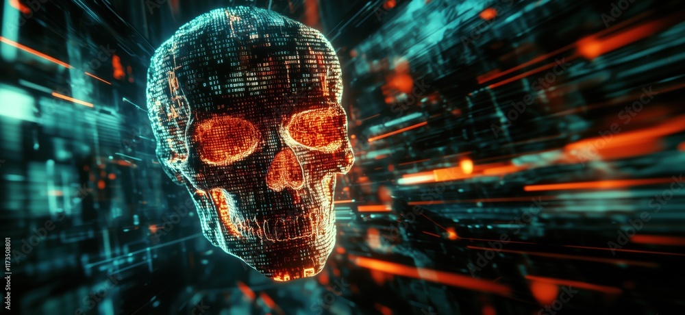 Aufkleber digital skull representation with binary code, glowing neon colors, and dynamic motion effects, symb