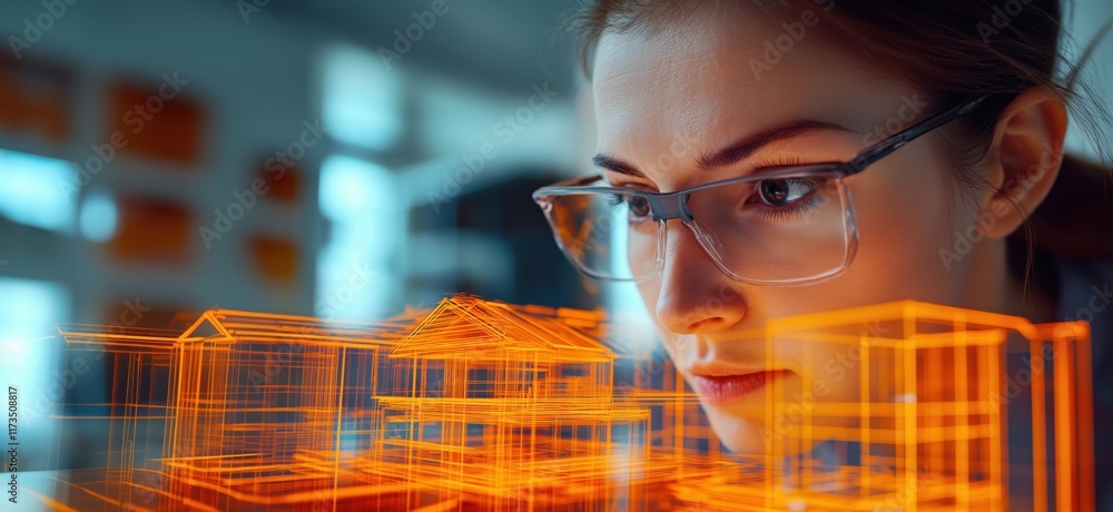 Poster architectural visualization expert analyzing 3d models of buildings, showcasing innovative design co