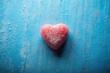 Obraz premium Documentary-style image: a lone sweetheart candy heart against a tranquil blue, hinting at forgotten memories.