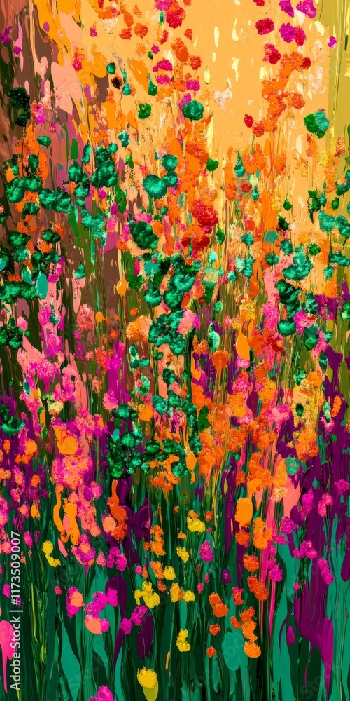 Poster a colorful abstract painting featuring vivid flowers with dynamic brushstrokes, creating a lively an