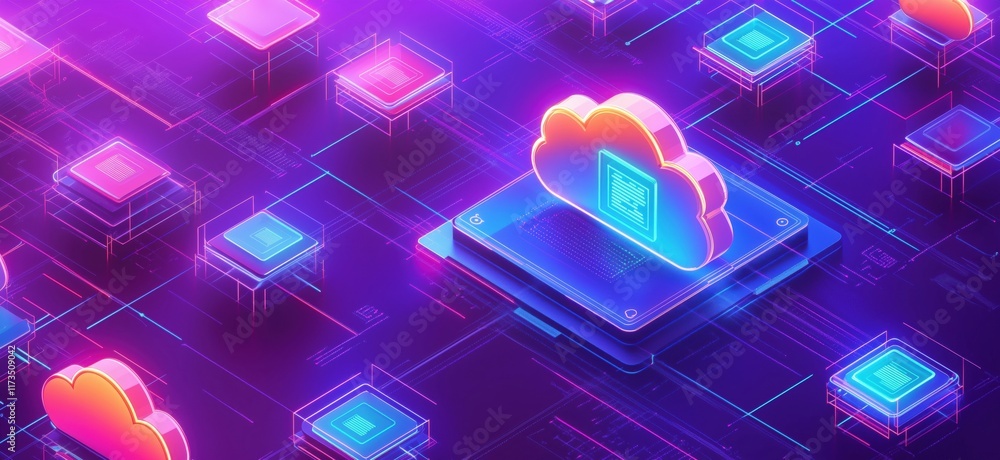Poster cloud computing technology with vibrant neon colors, digital data storage, and interconnected server