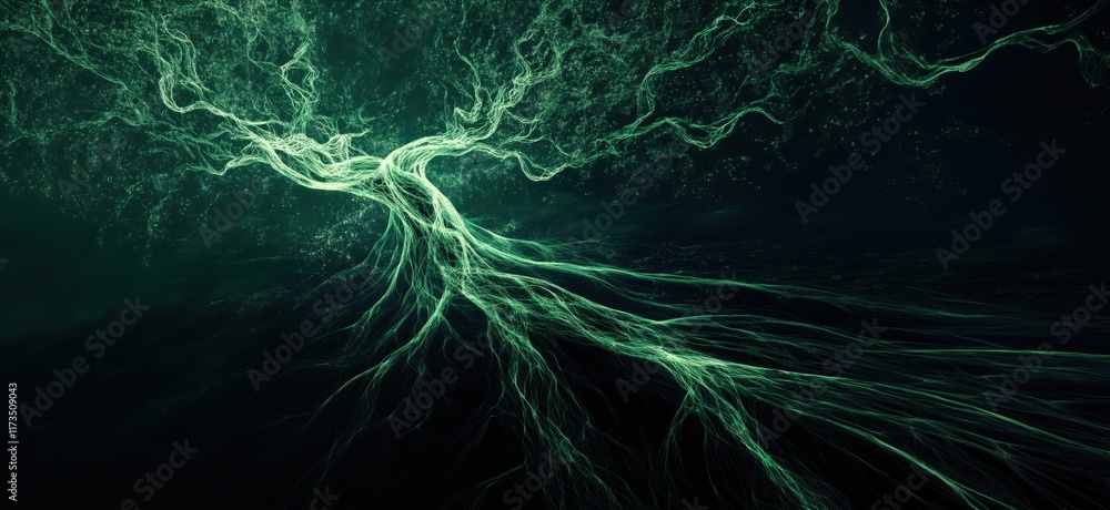Poster abstract representation of luminous tree roots with intricate branching patterns in dark background,