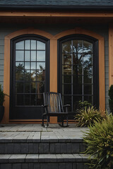 A dark gray house exterior features two arched, black-framed French doors. A dark wooden rocking chair sits on the gray stone patio steps in front.  Potted plants flank the doors.