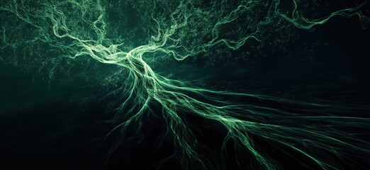Abstract representation of luminous tree roots with intricate branching patterns in dark background, showcasing ethereal green glow and organic forms, copy space for text