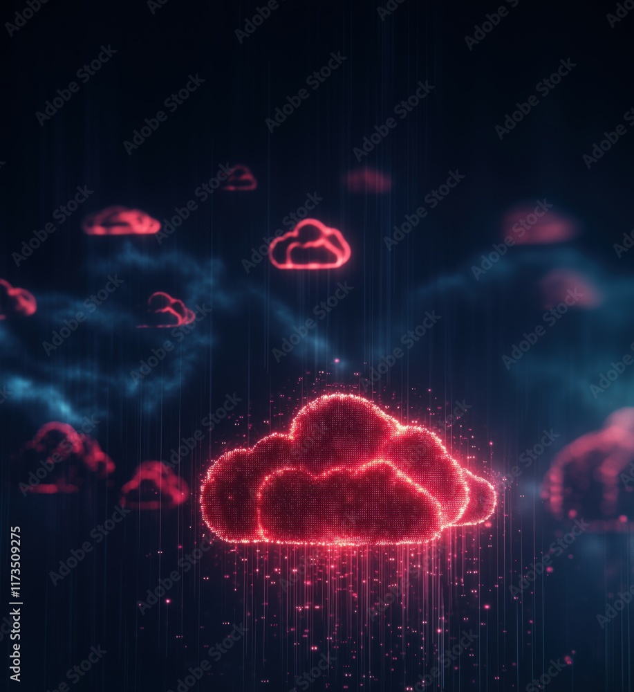 Poster digital cloud network visualization with glowing red clouds and abstract data streams, representing 