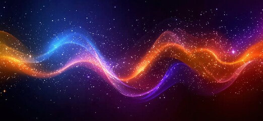 Colorful cosmic wave of light and stars, vibrant energy flowing through space, abstract digital art with glowing particles and smooth curves, copy space for text