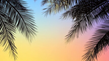 Fototapeta premium Silhouetted palm leaves against a colorful sunset sky