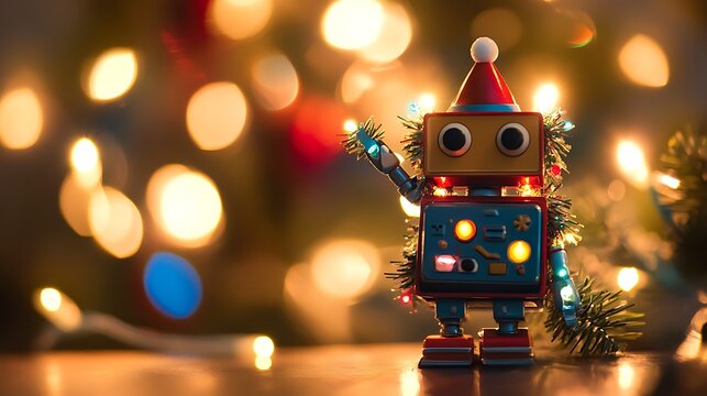 A toy robot decorating a tiny christmas tree with lights