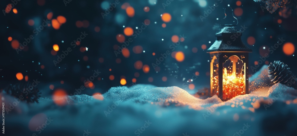 Poster glowing lantern in snowy winter scene with pine cones and bokeh lights, copy space for text