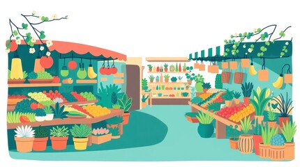 Vibrant Farmers Market Displays Fresh Produce and Plants