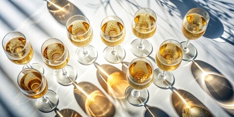 Elegant champagne glasses, sharply defined, hover against a stark white background in a modern aerial shot.