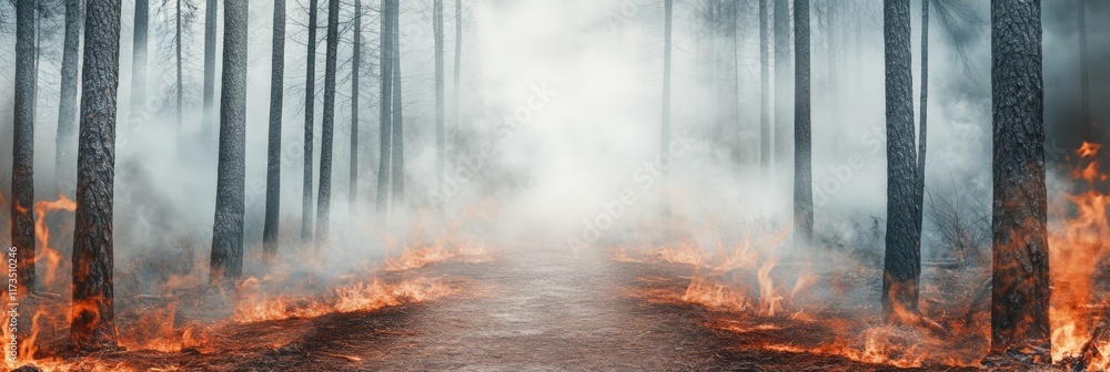 Poster intense flames engulfing the forest floor along a winding path, creating a dramatic and smoky atmosp