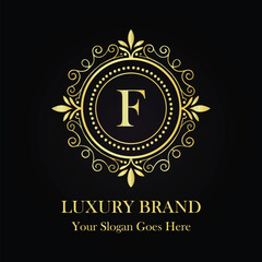 Sophisticated Luxury Brand F Logo Design with Golden Ornamental Circular Frame and Monogram Letter  
