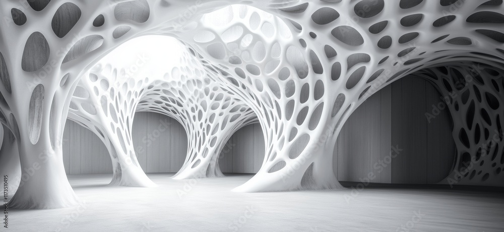 Poster futuristic architectural design featuring organic, fluid structures with intricate patterns and soft