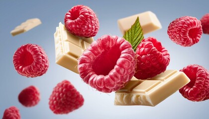 raspberries and white chocolate in air