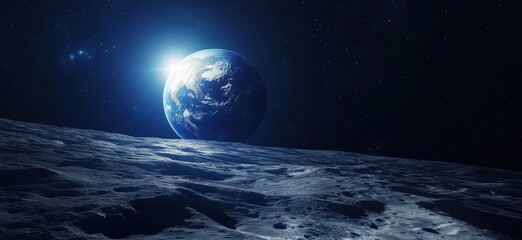 Earth viewed from lunar surface with sunlight illuminating moon's landscape and stars in background, copy space for text