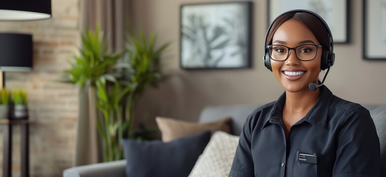 Customer service representative smiling in modern home office, wearing headset, showcasing professionalism and approachability, copy space for text