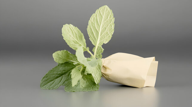 Fresh mint plant in paper pot on grey background; ideal for cooking, herbal tea, or gardening blogs.