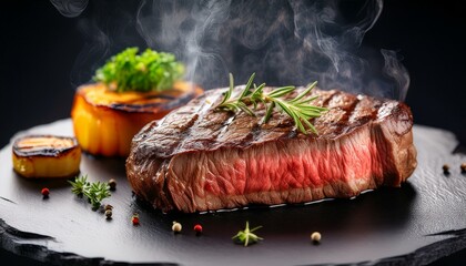 grilled beef steak on stone plate with sides and smoky aroma