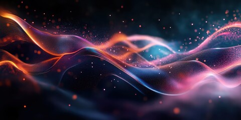 Obraz premium Abstract cosmic waves, vibrant purple and pink hues, glowing particles, starry background, flowing energy, ethereal atmosphere, celestial light streams, galactic nebula, shimmering dust, space fantasy