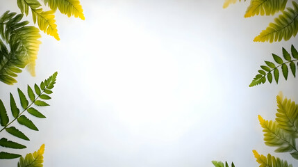 Green fern leaves frame on white background, nature design, spring freshness, copy space, ideal for website banners.