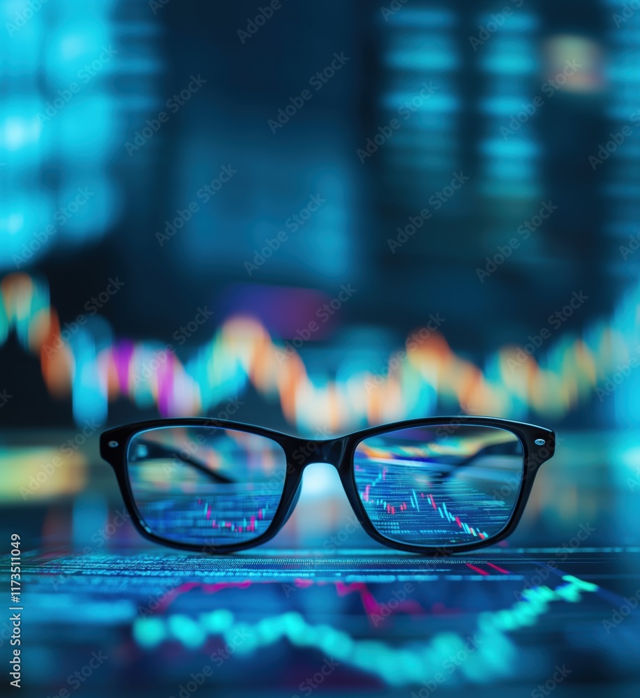 Poster data analysis through glasses showcasing stock market trends and graphs, emphasizing financial insig