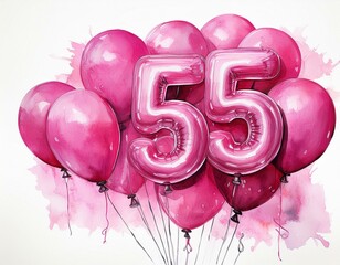 Pink birthday / anniversary balloon, number 55, watercolor painting with white background