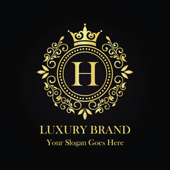 Elegant Circular Luxury H Logo with Gold Monogram Crown and Flourishes on a Black Background  
