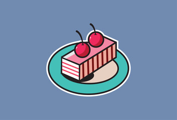 Sweet, simple and minimalist cherry cake vector icon cartoon illustration on a plate, perfect for social media, blogs or food related projects. Sweet cake with perfect cherries and cream.