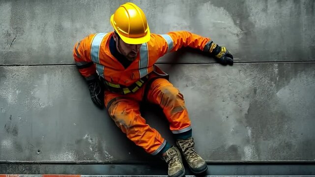 A construction site first aid worker accident, a scaffolding collapse into the concrete floor.