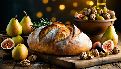 A rustic composition of freshly baked sourdough bread paired with a bowl of olive oil and rosemary