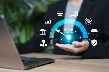 Risk management concept, Businesswomen risk assessment reducing risk to zero Low levels, Evaluation...