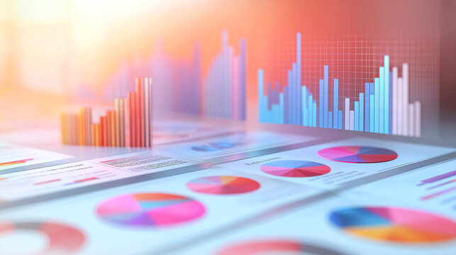 Data analysis and statistics in clean modern infographic design displaying business charts and graphs in soft colors. Infographic charts and graphs featuring bar charts, pie charts, and line graphs