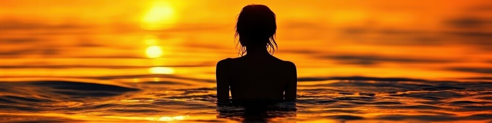 Fototapeta premium Silhouette of a person in water, sunset over ocean, golden hour, warm tones, orange sky, calm sea, tranquil atmosphere, backlit figure, reflective water surface, peaceful scene, dramatic lighting, min