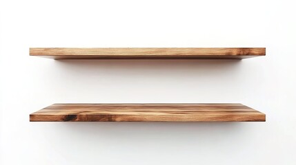 Two simple wooden shelves, floating on a white background